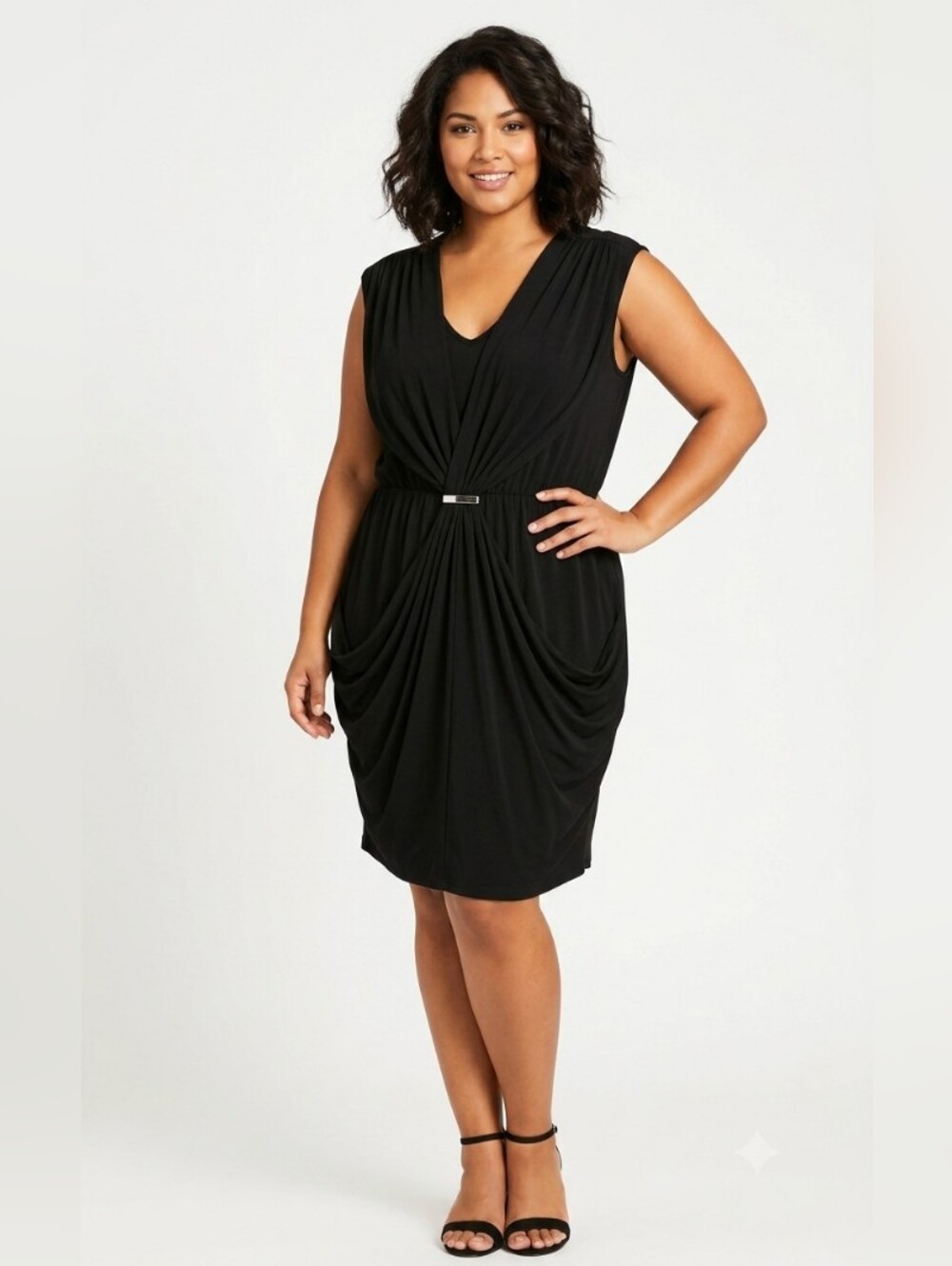 0X Addition Elle Black Draped Midi Dress with Waist Accent Plus Size